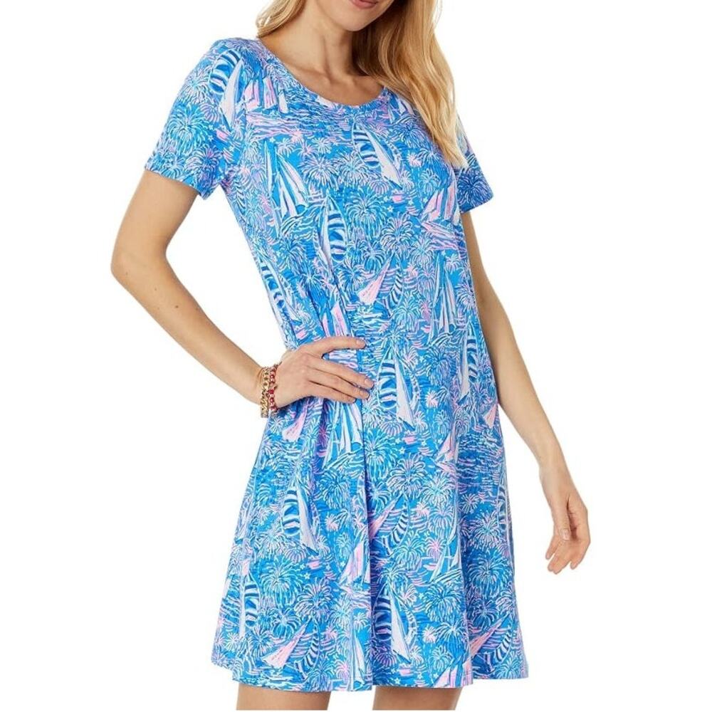 Lilly Pulitzer Women's Cody T-Shirt Dress Blue Sailboat Size Large EUC